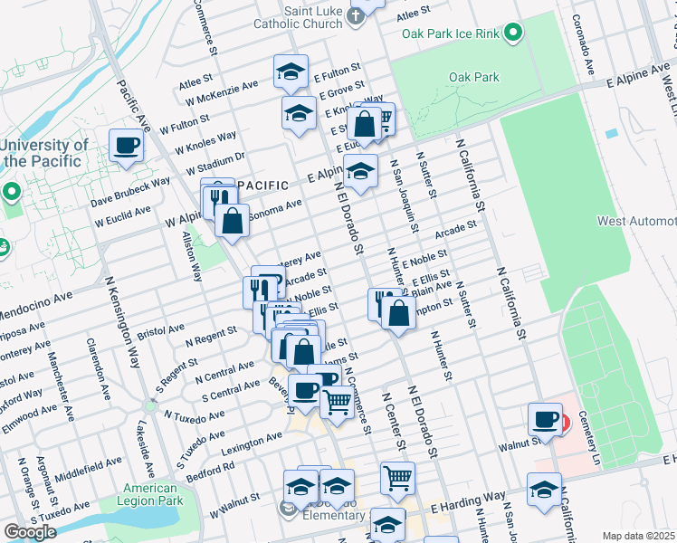 map of restaurants, bars, coffee shops, grocery stores, and more near 18 East Arcade Street in Stockton