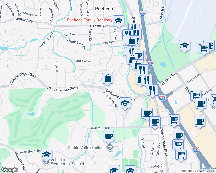 map of restaurants, bars, coffee shops, grocery stores, and more near 422 Camelback Road in Pleasant Hill