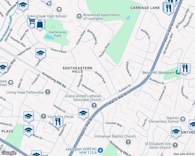 map of restaurants, bars, coffee shops, grocery stores, and more near 1355 Beulah Park in Lexington