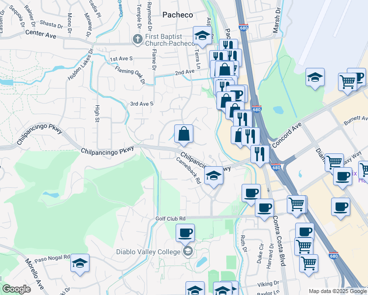 map of restaurants, bars, coffee shops, grocery stores, and more near 375 Camelback Road in Pleasant Hill