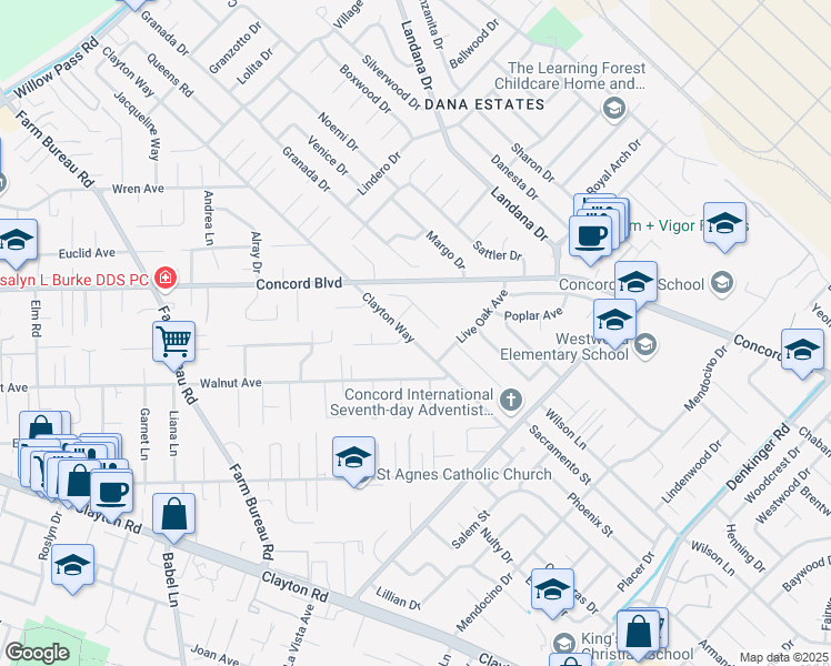 map of restaurants, bars, coffee shops, grocery stores, and more near 1750 Clayton Way in Concord