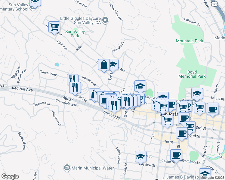 map of restaurants, bars, coffee shops, grocery stores, and more near 46 Harcourt Street in San Rafael