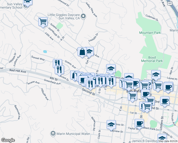 map of restaurants, bars, coffee shops, grocery stores, and more near 1836 Fifth Avenue in San Rafael
