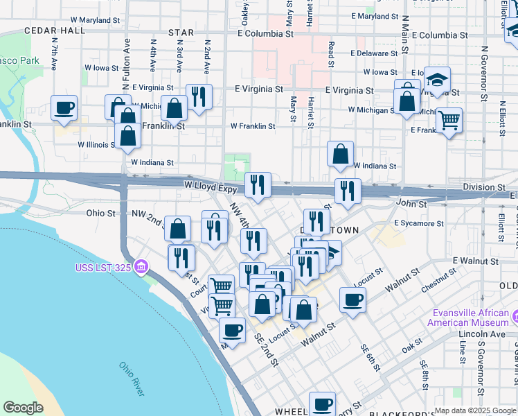map of restaurants, bars, coffee shops, grocery stores, and more near 415 Northwest 5th Street in Evansville