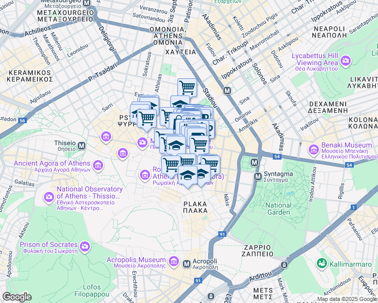map of restaurants, bars, coffee shops, grocery stores, and more near in Athina