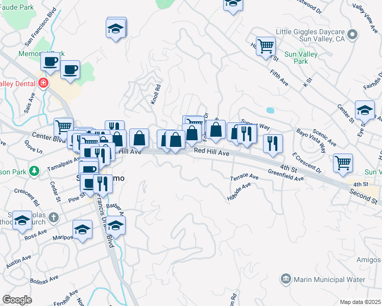map of restaurants, bars, coffee shops, grocery stores, and more near 7 Sequoia Drive in San Anselmo