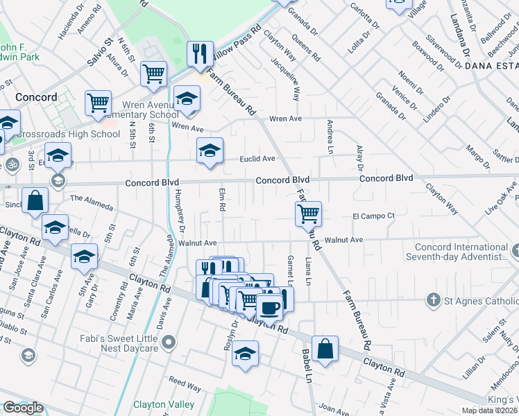 map of restaurants, bars, coffee shops, grocery stores, and more near 1796 Dakota Lane in Concord