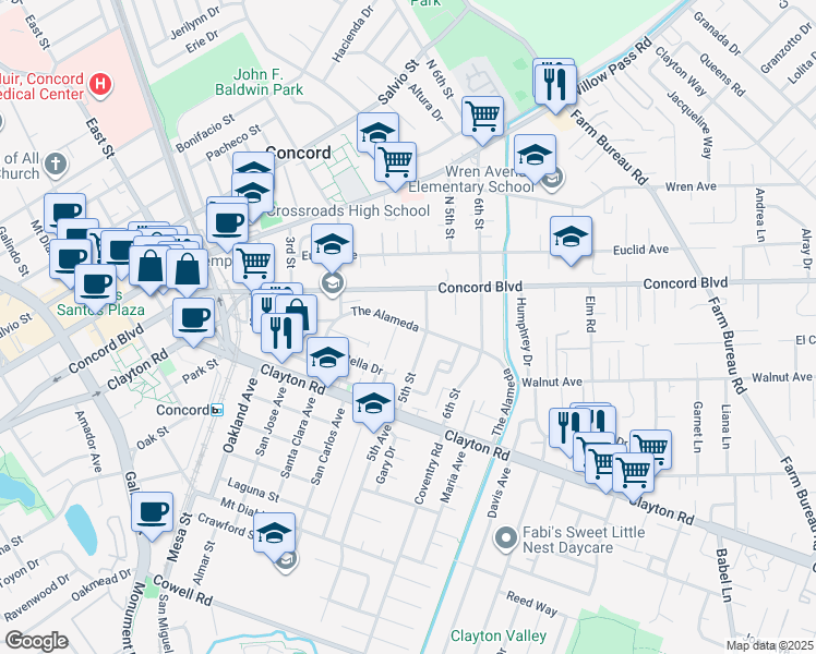 map of restaurants, bars, coffee shops, grocery stores, and more near 3036 Concord Boulevard in Concord
