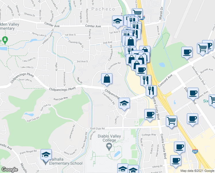 map of restaurants, bars, coffee shops, grocery stores, and more near 422 Camelback Road in Pleasant Hill