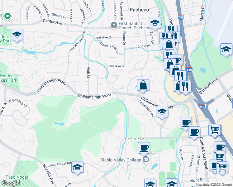 map of restaurants, bars, coffee shops, grocery stores, and more near 600 Ryan Drive in Pleasant Hill