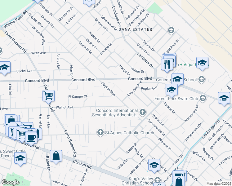 map of restaurants, bars, coffee shops, grocery stores, and more near 1750 Clayton Way in Concord
