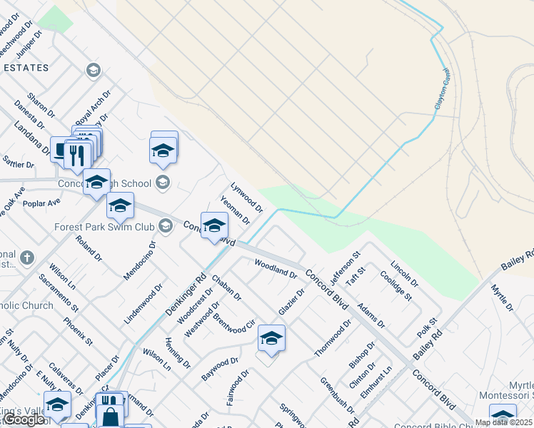 map of restaurants, bars, coffee shops, grocery stores, and more near 1878 Denkinger Road in Concord
