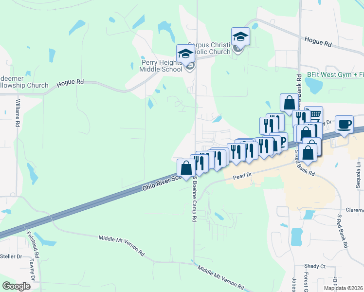 map of restaurants, bars, coffee shops, grocery stores, and more near 209 South Boehne Camp Road in Evansville
