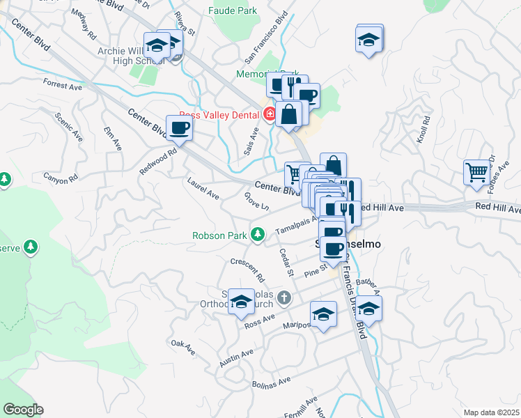 map of restaurants, bars, coffee shops, grocery stores, and more near 849 San Anselmo Avenue in San Anselmo