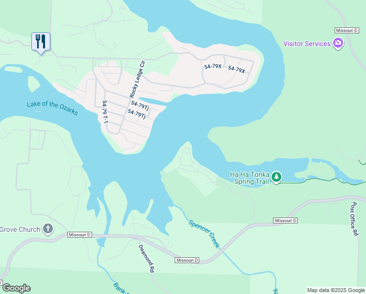 map of restaurants, bars, coffee shops, grocery stores, and more near D-146 in Camdenton