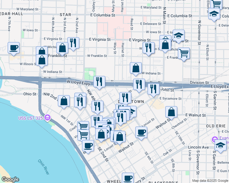 map of restaurants, bars, coffee shops, grocery stores, and more near 623 Ingle Street in Evansville