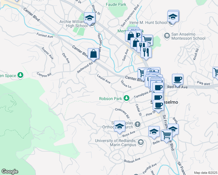 map of restaurants, bars, coffee shops, grocery stores, and more near 139 Laurel Avenue in San Anselmo