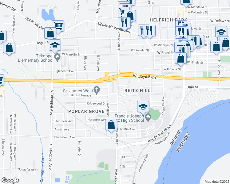 map of restaurants, bars, coffee shops, grocery stores, and more near 131 South Barker Avenue in Evansville