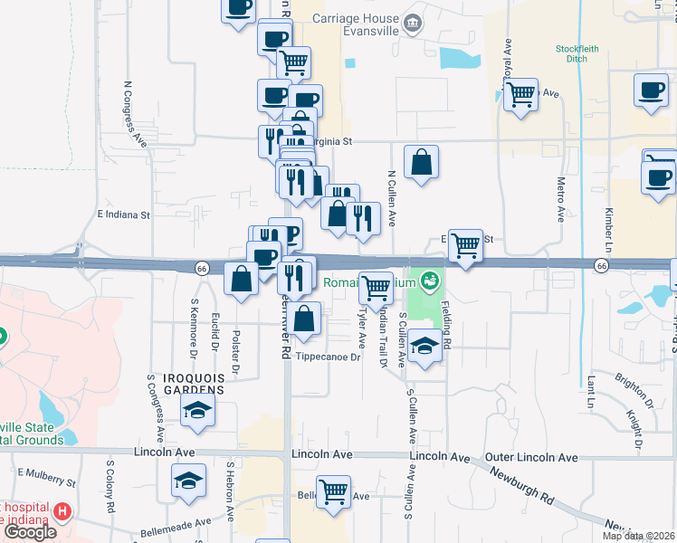 map of restaurants, bars, coffee shops, grocery stores, and more near 4674-5162 E Lloyd Expy in Evansville