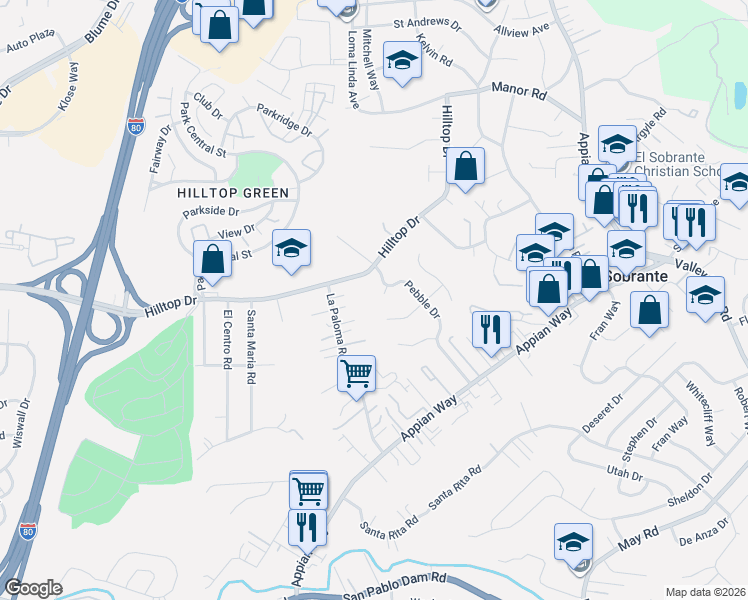 map of restaurants, bars, coffee shops, grocery stores, and more near 720 Pebble Drive in El Sobrante