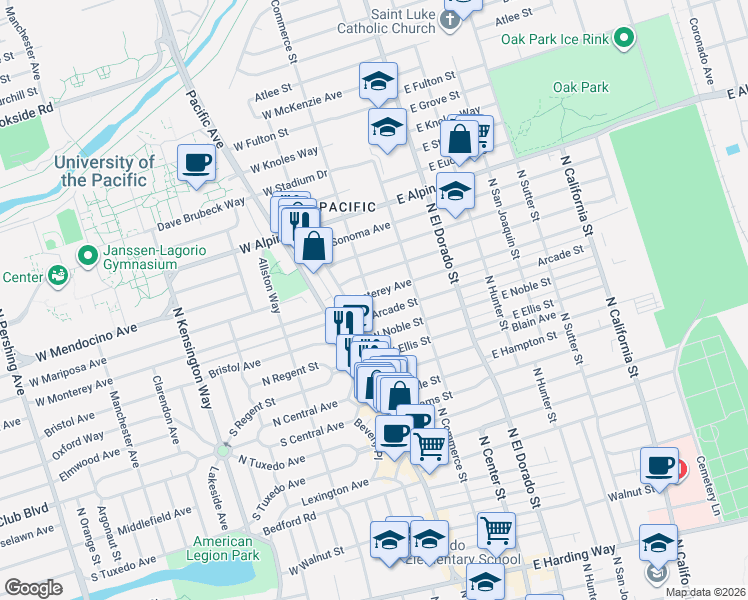map of restaurants, bars, coffee shops, grocery stores, and more near 74 West Mariposa Avenue in Stockton