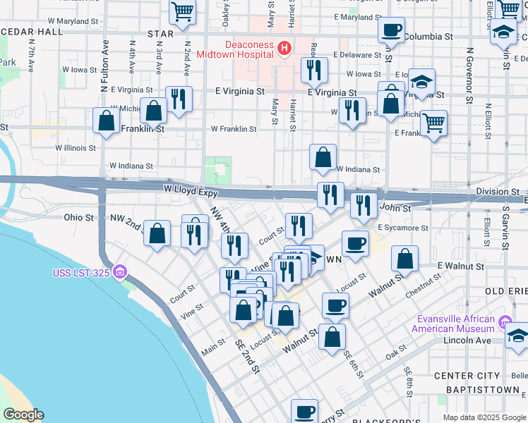 map of restaurants, bars, coffee shops, grocery stores, and more near 608 Ingle Street in Evansville