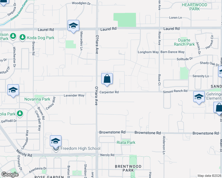 map of restaurants, bars, coffee shops, grocery stores, and more near 918 Carpenter Road in Oakley