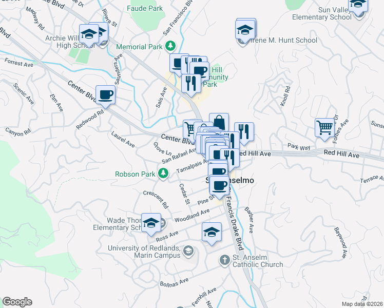 map of restaurants, bars, coffee shops, grocery stores, and more near 18 San Rafael Avenue in San Anselmo