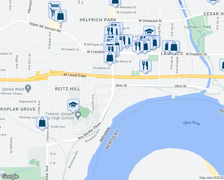 map of restaurants, bars, coffee shops, grocery stores, and more near 1 Ray Becker Parkway in Evansville