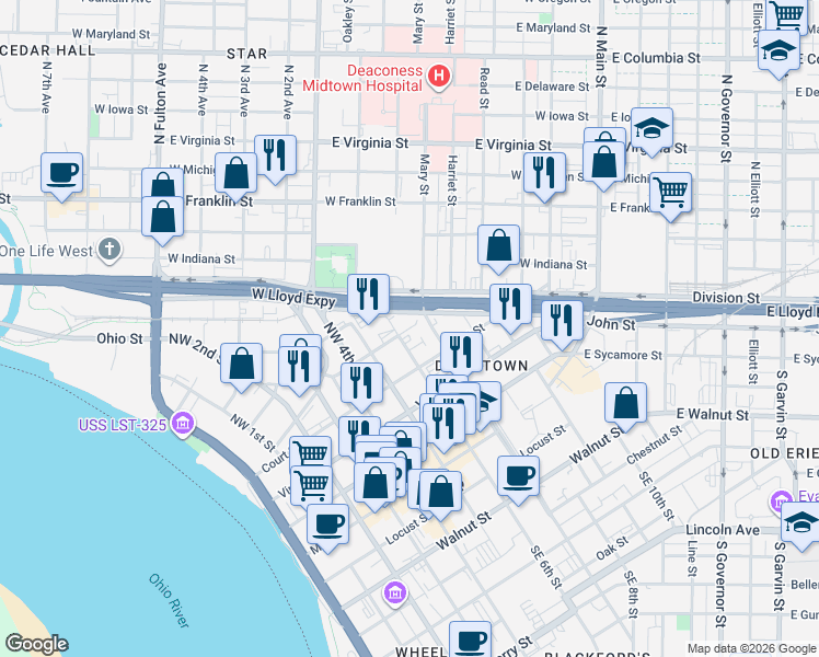 map of restaurants, bars, coffee shops, grocery stores, and more near 610 Ingle Street in Evansville