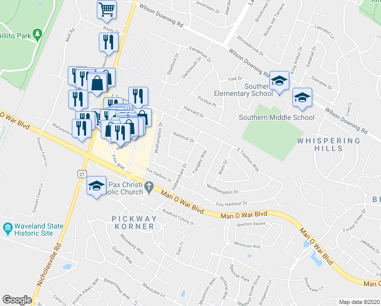 map of restaurants, bars, coffee shops, grocery stores, and more near 116 Habersham Court in Lexington