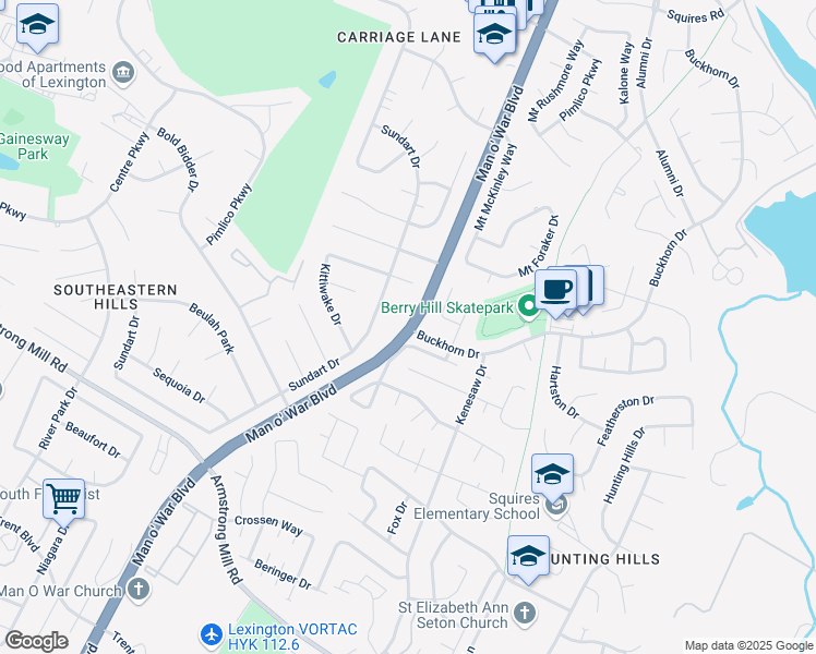map of restaurants, bars, coffee shops, grocery stores, and more near Man O War Blvd & Buckhorn Dr in Lexington
