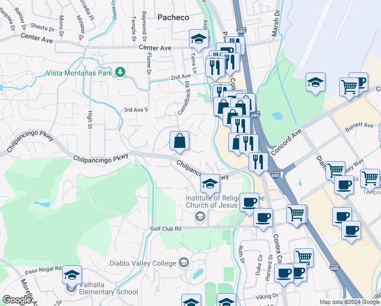 map of restaurants, bars, coffee shops, grocery stores, and more near 433 Camelback Road in Pleasant Hill