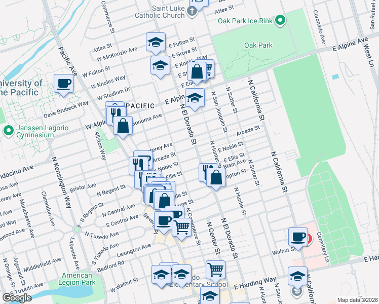 map of restaurants, bars, coffee shops, grocery stores, and more near 30 East Monterey Avenue in Stockton