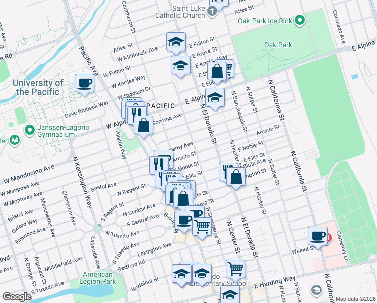 map of restaurants, bars, coffee shops, grocery stores, and more near 21 West Monterey Avenue in Stockton