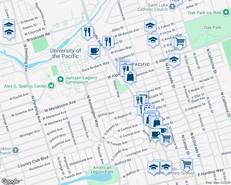 map of restaurants, bars, coffee shops, grocery stores, and more near 3047 Allston Way in Stockton
