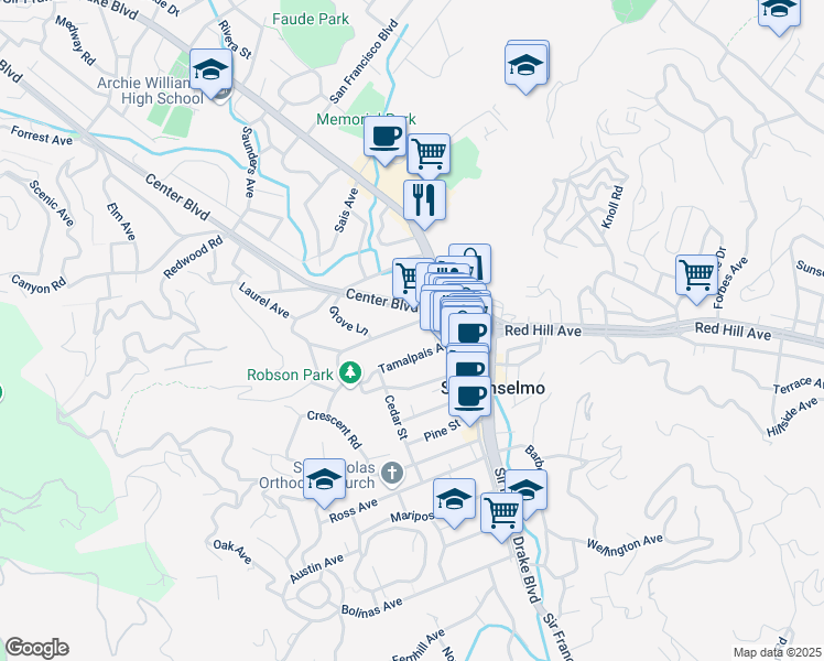 map of restaurants, bars, coffee shops, grocery stores, and more near 18 San Rafael Avenue in San Anselmo