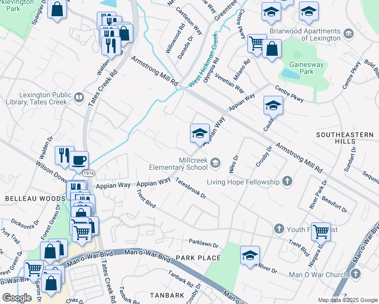 map of restaurants, bars, coffee shops, grocery stores, and more near 3645 Appian Way in Lexington