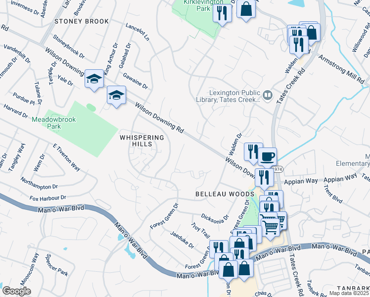 map of restaurants, bars, coffee shops, grocery stores, and more near 3929 Waterwood Terrace in Lexington
