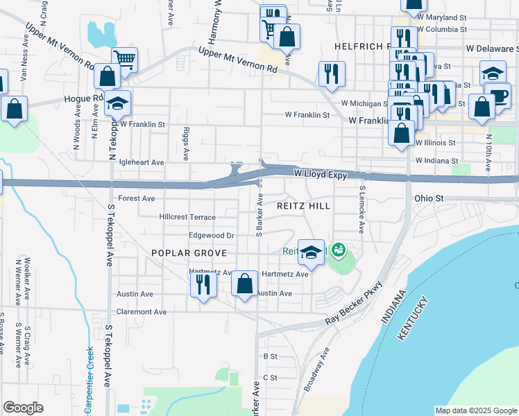map of restaurants, bars, coffee shops, grocery stores, and more near 118 Leslie Avenue in Evansville