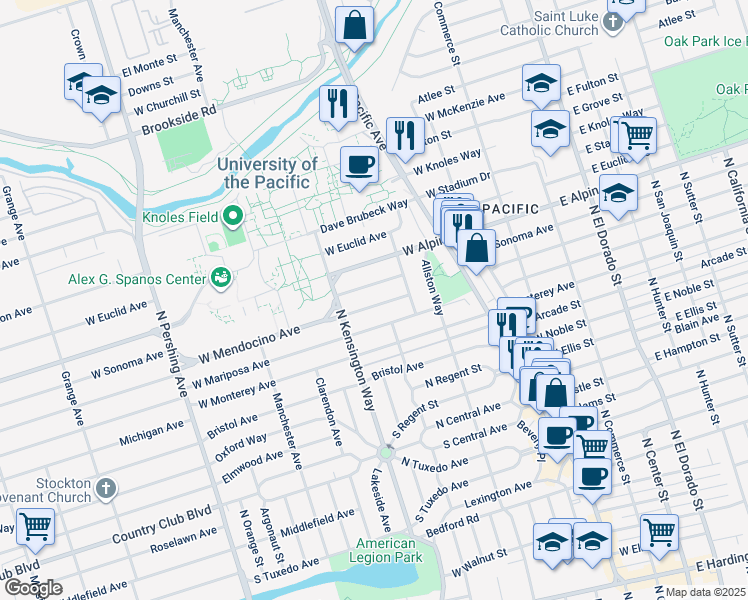 map of restaurants, bars, coffee shops, grocery stores, and more near 680 West Sonoma Avenue in Stockton