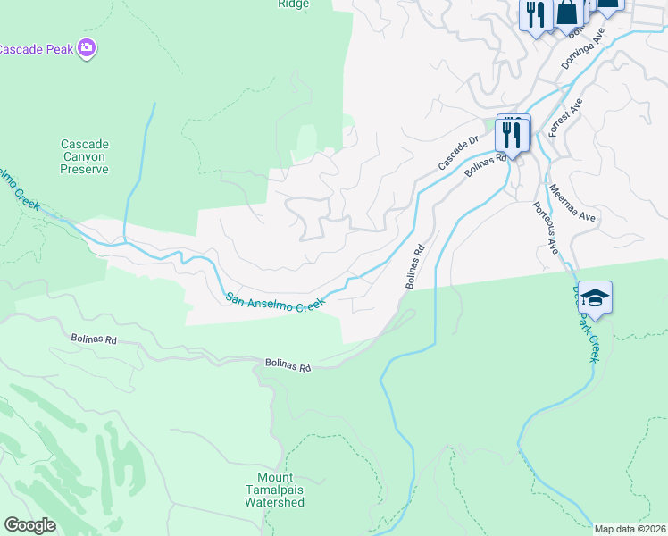 map of restaurants, bars, coffee shops, grocery stores, and more near 342 Cascade Drive in Fairfax