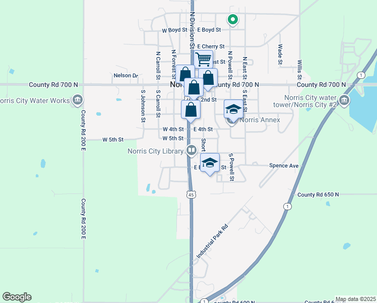 map of restaurants, bars, coffee shops, grocery stores, and more near 580 U.S. 45 in Norris City