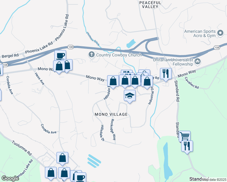map of restaurants, bars, coffee shops, grocery stores, and more near 14673 Mono Way in Sonora