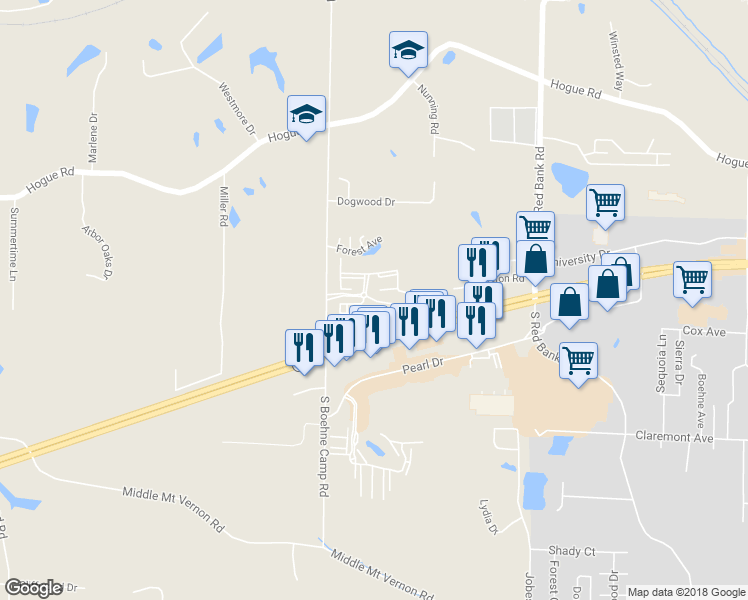 map of restaurants, bars, coffee shops, grocery stores, and more near 5516 Calle De Oro in Evansville