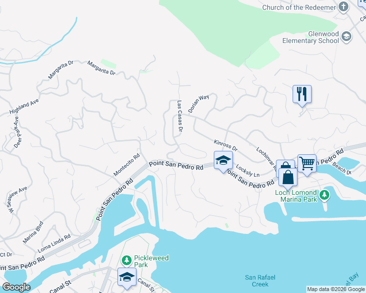 map of restaurants, bars, coffee shops, grocery stores, and more near 74 Arguello Circle in San Rafael