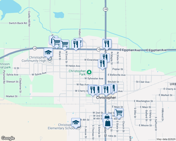 map of restaurants, bars, coffee shops, grocery stores, and more near 310 West Helen Avenue in Christopher