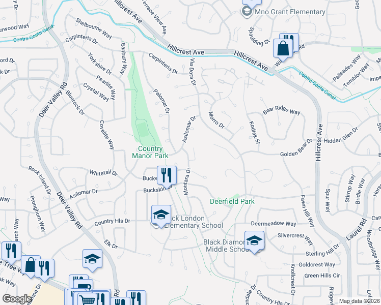 map of restaurants, bars, coffee shops, grocery stores, and more near 4413 Montara Drive in Antioch