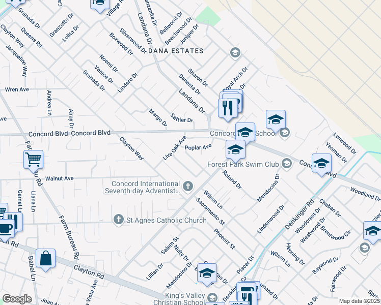 map of restaurants, bars, coffee shops, grocery stores, and more near 4044 Glendale Avenue in Concord