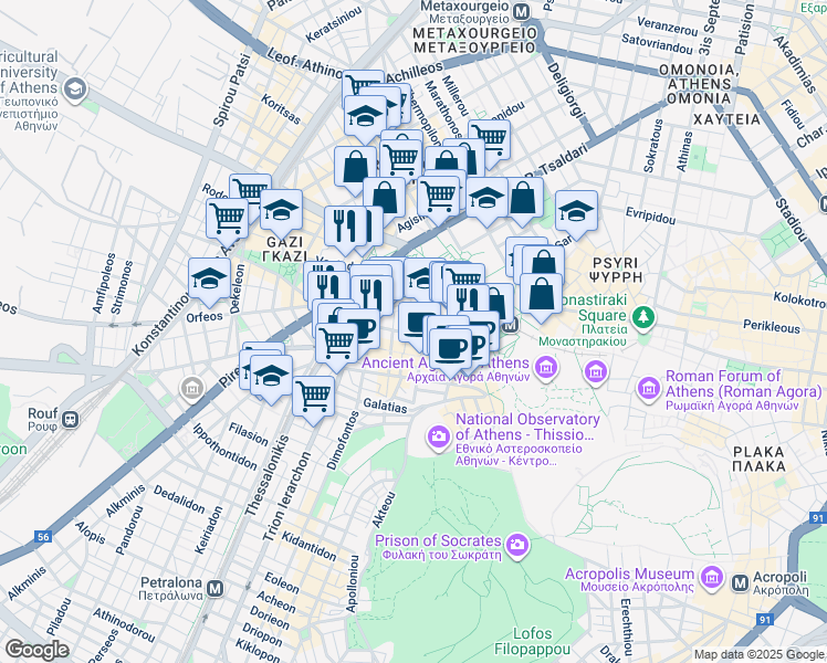 map of restaurants, bars, coffee shops, grocery stores, and more near in Athina